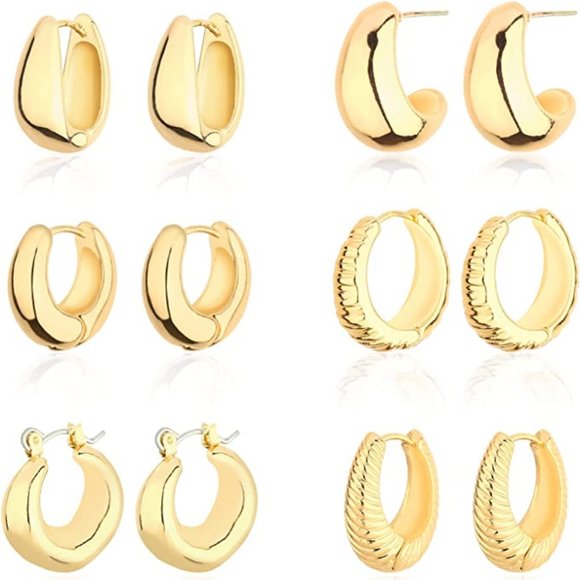 14K Gold Plated Chunky Huggie Hoop Earrings Set of 6 Minimalist Classic Jewelry - Picture 2 of 4